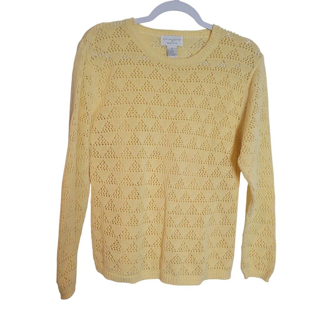 Christopher & Banks Yellow Pointelle Knit Sweater Long Sleeve Ramie Cotton Med